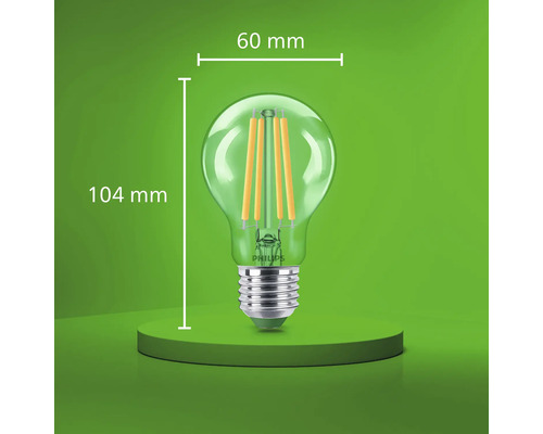 Philips LED Filament Glühlampe mit E27 Sockel, 60 Millimeter Durchmesser und 104 Millimeter Gesamthöhe.