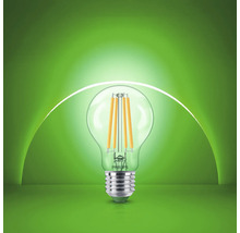 Philips LED Filament Glühlampe mit E27 Sockel und klarer Glaskolbenform.