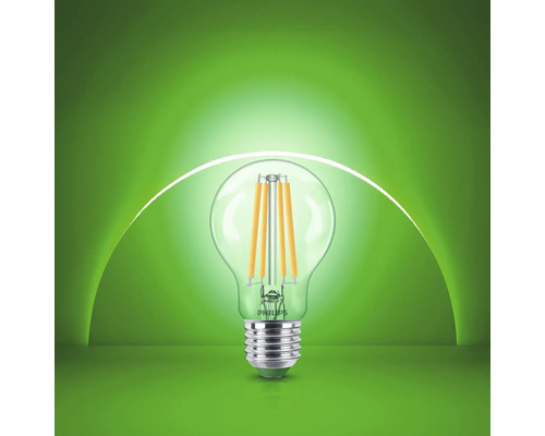Philips LED Filament Glühlampe mit E27 Sockel und klarer Glaskolbenform.