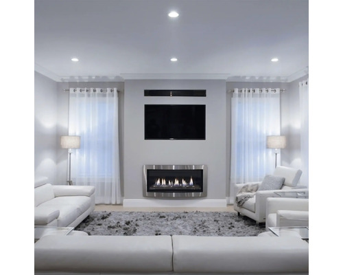 Modernes Wohnzimmer mit flachem Wandkamin aus Metall, montiertem Fernseher, bequemen Ledersofas und hellem Teppich in einem organisierten Raum.