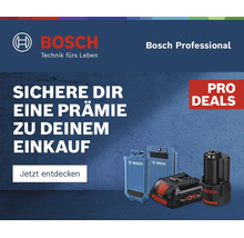 Bosch Professional Pro Deals Aktionsbanner mit Akkus und Ladegerät sowie Aufforderung zur Prämiensicherung beim Einkauf.