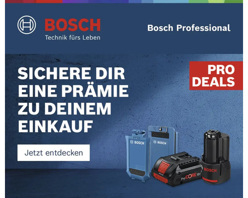 Bosch Professional Pro Deals Aktionsbanner mit Akkus und Ladegerät sowie Aufforderung zur Prämiensicherung beim Einkauf.