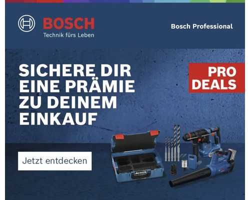 Bosch Professional Pro Deals Aktionsbanner mit Werkzeugkoffer, Bohrern, Akku-Bohrhammer und Akku-Gebläse.