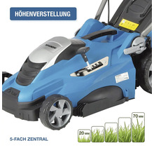 Hyundai Elektro Rasenmaeher mit zentraler 5-fach Hoehenverstellung von 20 Millimeter bis 70 Millimeter fuer eine praezise Schnittguthoehe.