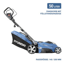 Hyundai Elektro Rasenmäher mit 1800 Watt, 50 Liter Fangkorb mit Füllstandsanzeige und Radgrößen von 140 beziehungsweise 200 Millimeter.