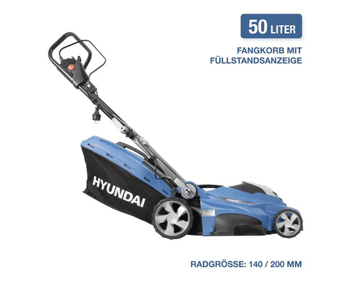 Hyundai Elektro Rasenmäher mit 1800 Watt, 50 Liter Fangkorb mit Füllstandsanzeige und Radgrößen von 140 beziehungsweise 200 Millimeter.