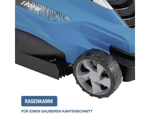 Elektro Rasenmäher mit 1800 Watt Motor und integriertem Rasenkamm für einen sauberen Kantenschnitt