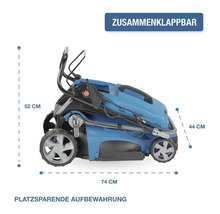 Zusammenklappbarer Elektro Rasenmäher mit Maßangaben für platzsparende Aufbewahrung in der Seitenansicht