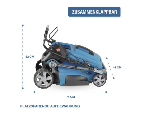 Zusammenklappbarer Elektro Rasenmäher mit Maßangaben für platzsparende Aufbewahrung in der Seitenansicht
