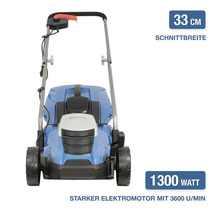 Hyundai Elektro Rasenmäher mit 1300 Watt Motor und 33 Zentimeter Schnittbreite für den Garten.