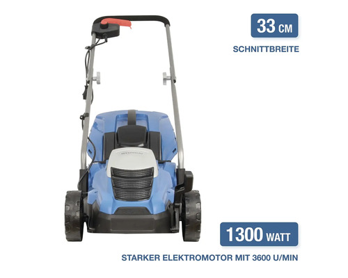Hyundai Elektro Rasenmäher mit 1300 Watt Motor und 33 Zentimeter Schnittbreite für den Garten.
