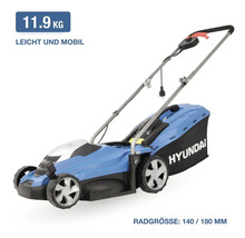 Elektro Rasenmäher von Hyundai mit Grasfangkorb, 11,9 Kilogramm Gewicht und Radgrößen von 140 und 180 Millimetern.
