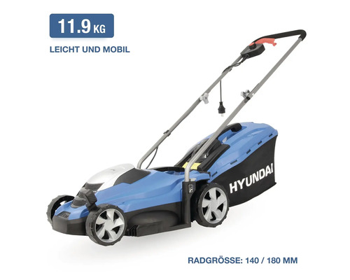 Elektro Rasenmäher von Hyundai mit Grasfangkorb, 11,9 Kilogramm Gewicht und Radgrößen von 140 und 180 Millimetern.