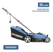 Elektrischer Rasenmäher von Hyundai mit 35 Liter Fangkorb, Füllstandsanzeige und Tragegriff.