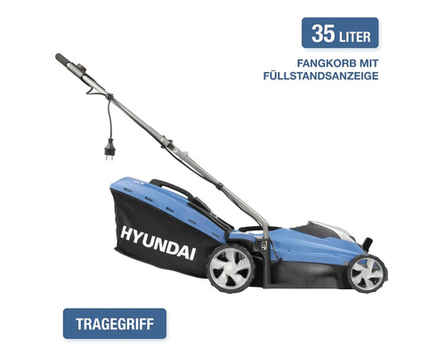 Elektrischer Rasenmäher von Hyundai mit 35 Liter Fangkorb, Füllstandsanzeige und Tragegriff.