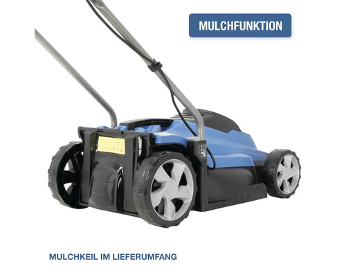 Elektro Rasenmäher mit Mulchfunktion und Mulchkeil im Lieferumfang