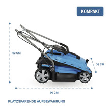 Kompakter Elektro Rasenmäher mit Maßangaben für eine platzsparende Aufbewahrung in der Seitenansicht