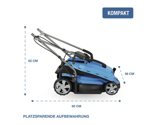 Kompakter Elektro Rasenmäher mit Maßangaben für eine platzsparende Aufbewahrung in der Seitenansicht