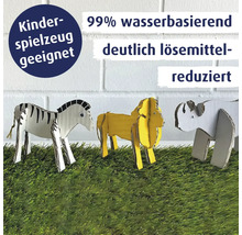 Drei bemalte Tierfiguren aus Karton auf Kunstrasen mit Hinweis auf Eignung für Kinderspielzeug und wasserbasierte lösemittelreduzierte Rezeptur.