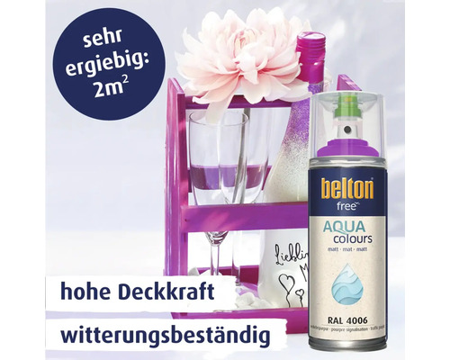 belton free Aqua Colours Lackspray in Verkehrspurpur RAL 4006 mit hoher Deckkraft und Witterungsbeständigkeit für zwei Quadratmeter Ergiebigkeit.