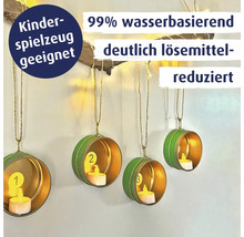 Dekorative Adventstürchen aus Dosen mit Kerzenlicht und Hinweis auf Kinderspielzeug Eignung sowie wasserbasierte lösemittelreduzierte Rezeptur