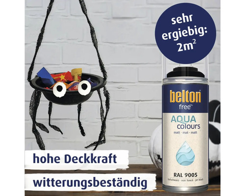 Belton Free Aqua Colours Sprühlack in Tiefschwarz RAL 9005 für DIY Projekte mit hoher Deckkraft und Witterungsbeständigkeit.