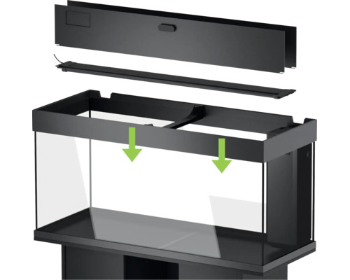 Aquarium mit abnehmbarer Abdeckung und LED Beleuchtung zur Montage auf dem Unterschrank.
