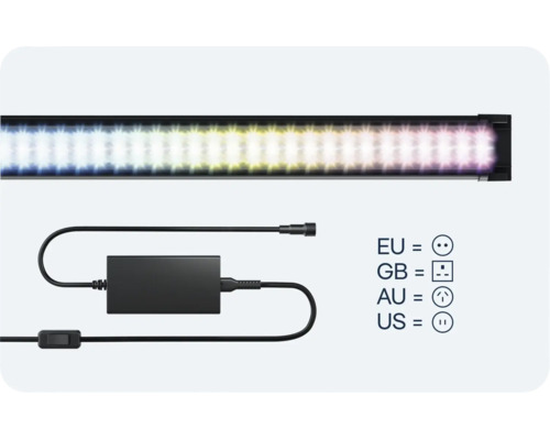 LED Lichtleiste mit Netzteil und Stromkabel sowie einer Übersicht internationaler Steckdosenadaptertypen.