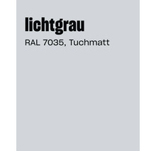 Farbkarte mit Bezeichnung lichtgrau RAL 7035 und Oberflächenstruktur tuchmatt