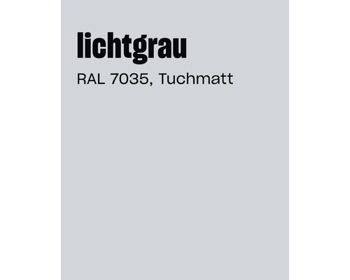 Farbkarte mit Bezeichnung lichtgrau RAL 7035 und Oberflächenstruktur tuchmatt