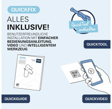 Grafik zum Grohe QuickFix Installationssystem mit QuickTool Werkzeug, QuickGuide Anleitung und QuickVideo Installationshilfe.