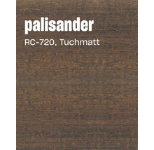 Holzlasur Farbton Palisander RC 720 mit tuchmatter Oberfläche als Anstrichmuster auf Holzstruktur