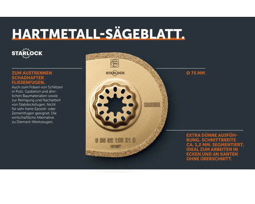 Fein Starlock Hartmetall Segmentsägeblatt für Multitool, Durchmesser 75 Millimeter zum Austrennen von Fliesenfugen und Fräsen von Schlitzen.