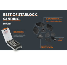 Starlock Schleifset mit Schleifplatten, Schleiffinger und Schleifblättern in einer Aufbewahrungsbox für Multifunktionswerkzeuge.