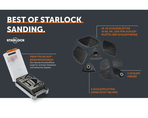 Starlock Schleifset mit Schleifplatten, Schleiffinger und Schleifblättern in einer Aufbewahrungsbox für Multifunktionswerkzeuge.