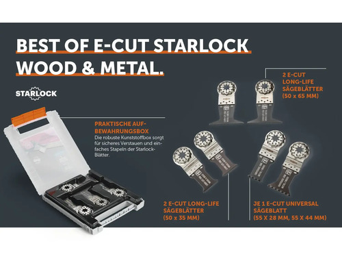 Fein Starlock E Cut Sägeblatt Set für Holz und Metall in Kunststoffbox inklusive Long Life und Universal Sägeblättern in verschiedenen Größen.