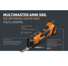 Fein Multimaster AMM 500 Akku Oszillierer mit 18 Volt Motor, Starlock Plus Werkzeugaufnahme, Antivibrationssystem und AMPShare Akkuschnittstelle.