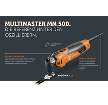 Fein Multimaster MM 500 Oszillierer mit 350 Watt Motor, Starlock Plus Werkzeugaufnahme, Antivibrationssystem und 5 Meter Industriekabel.