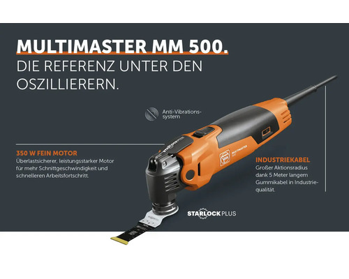 Fein Multimaster MM 500 Oszillierer mit 350 Watt Motor, Starlock Plus Werkzeugaufnahme, Antivibrationssystem und 5 Meter Industriekabel.