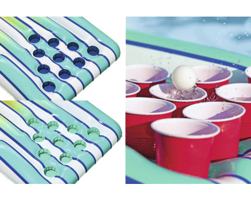 Aufblasbarer Pool Beer Pong Tisch mit Becherhalterungen und weißen Spielbällen für spaßige Aktivitäten im Wasser.