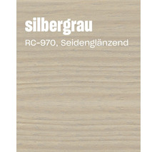 Holzmuster mit seidenglänzender Oberfläche in Silbergrau RC 970 zur Ansicht der Lasurwirkung.