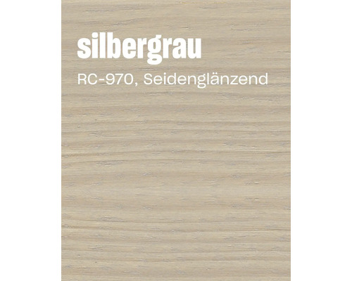 Holzmuster mit seidenglänzender Oberfläche in Silbergrau RC 970 zur Ansicht der Lasurwirkung.