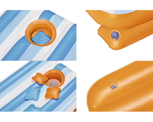 Detailansichten einer aufblasbaren Schwimminsel mit Getränkehalter und Ventil.