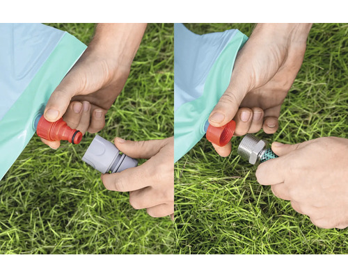 Hände beim Anschluss eines Gartenschlauchs an ein aufblasbares Produkt mit verschiedenen Steckverbindungen über einer Rasenfläche