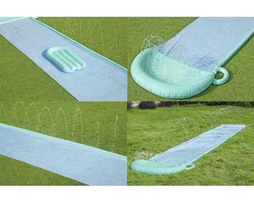 Wasserrutsche für den Garten mit aufblasbarem Auffangbecken und Sprühfunktion auf einer Rasenfläche.