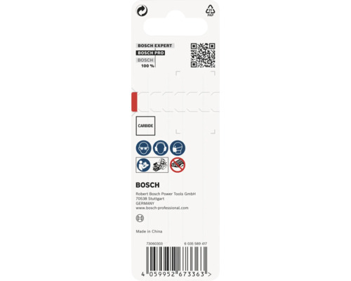 Rückseite der Produktverpackung von Bosch mit Sicherheitshinweisen und Herstellerinformationen