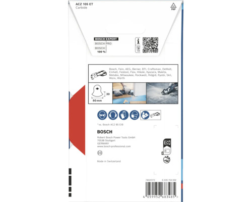 Bosch Expert ACZ 105 ET Carbide Segmentsägeblatt für Multifunktionswerkzeug mit Kompatibilitätsliste und Anwendungshinweisen auf der Rückseite.