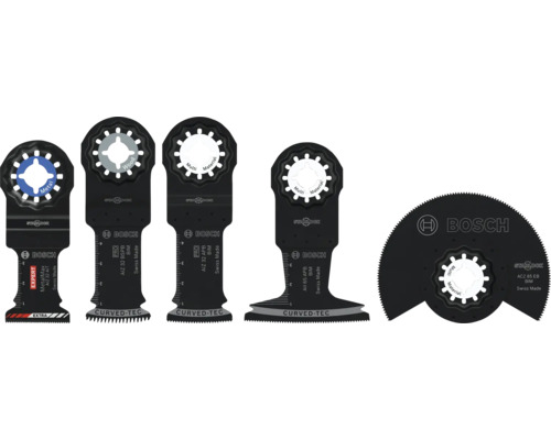 Set von fünf Bosch Starlock Tauchsägeblättern und einem Segmentblatt für Multifunktionswerkzeuge zur Bearbeitung von Holz und Metall.
