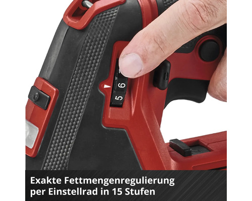 Nahaufnahme eines Einstellrades an einem Akku Fettpresse zur exakten Regulierung der Fettmenge in 15 Stufen.