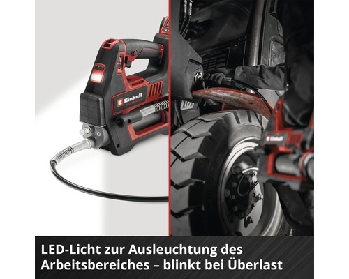 Einhell Professional Akku Fettpresse mit LED Arbeitslicht welches bei Überlast blinkt zur Schmierung von Maschinen und Fahrzeugen.